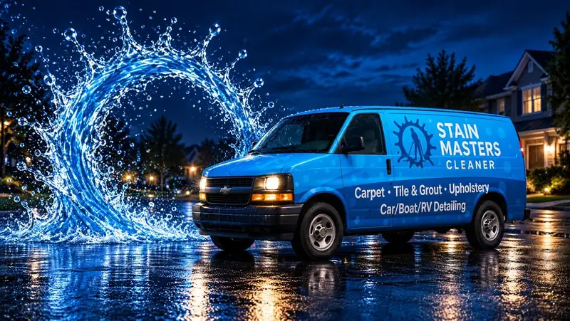 Stain Master Cleaner van with water splash on a rain-slick street