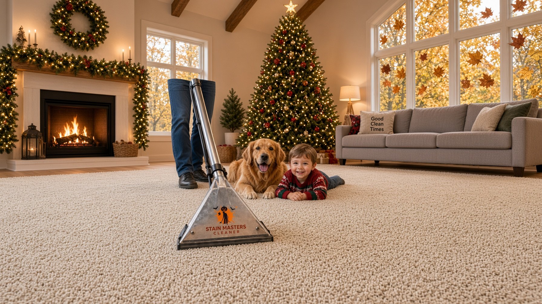Carpet wand with Stain Masters logo, child, golden retriever, and holiday tree